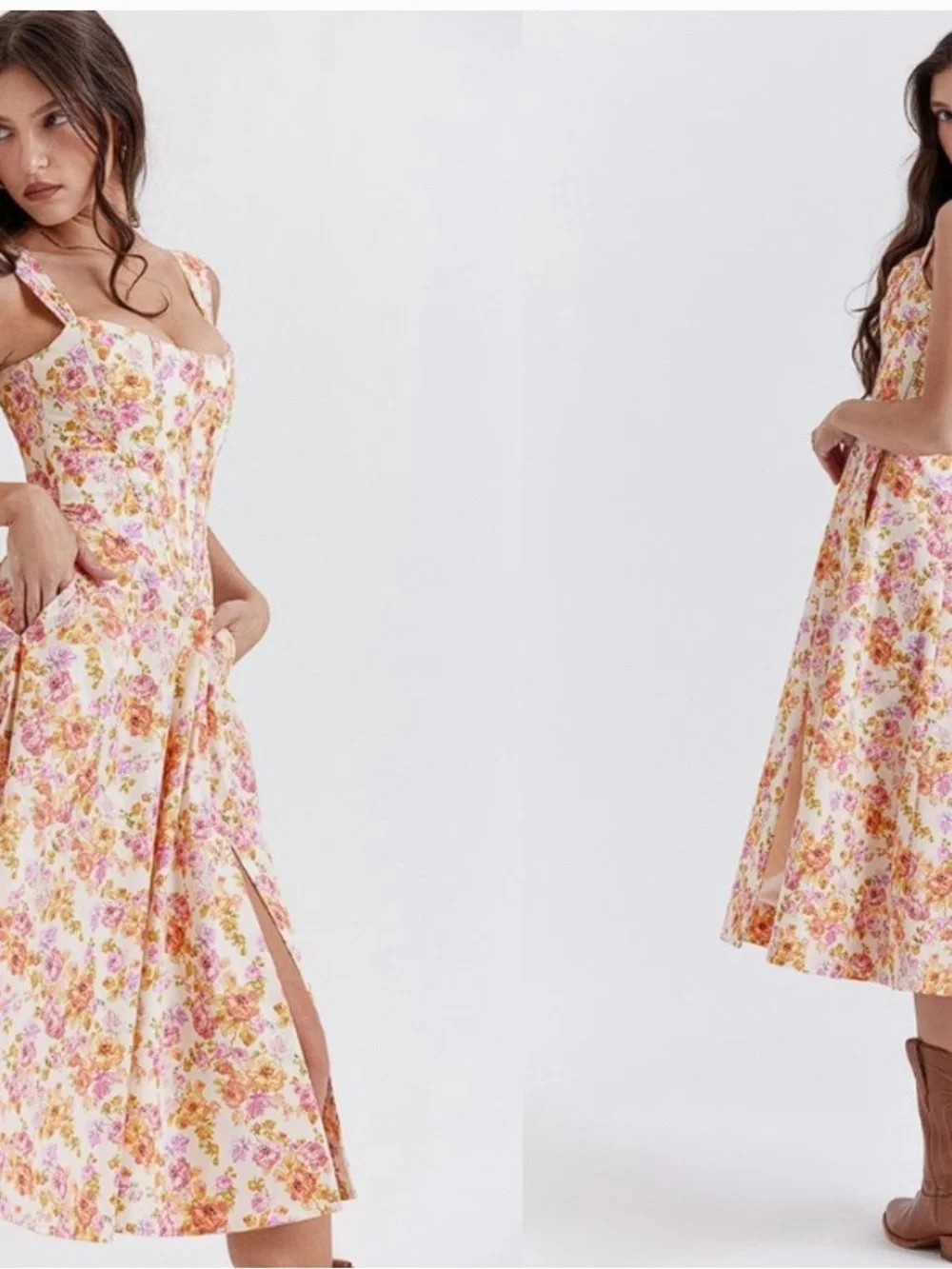 House of CB (“Saira Dress”) Pink & Yellow Floral Midi Dress NWT - Picture 2 of 3